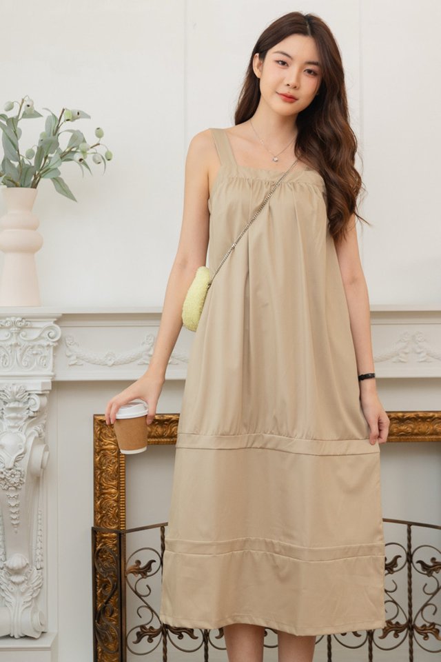 ACW Double Tier Hem Thick Strap Midi Dress in Sand