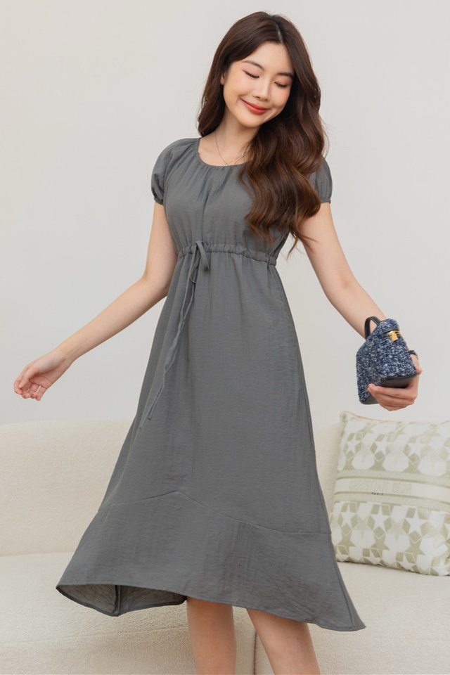 ACW Asymmetrical Curve Hemline Puff Sleeve Midi Dress in Dark Grey