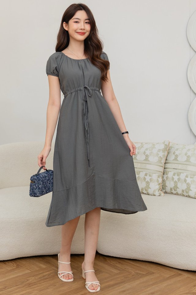 ACW Asymmetrical Curve Hemline Puff Sleeve Midi Dress in Dark Grey