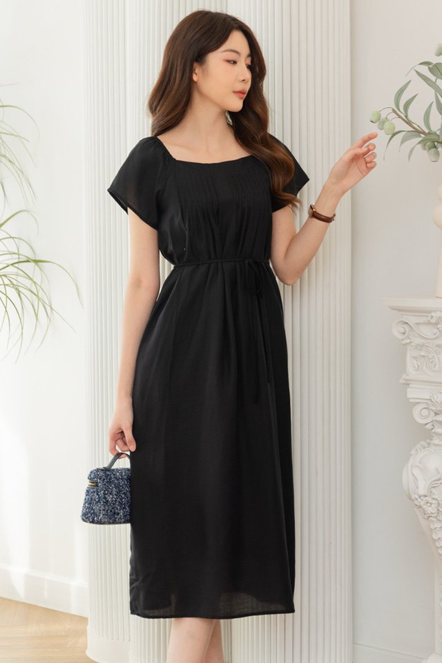 ACW Pintuck Panel Flowy Sash Midi Dress in Black