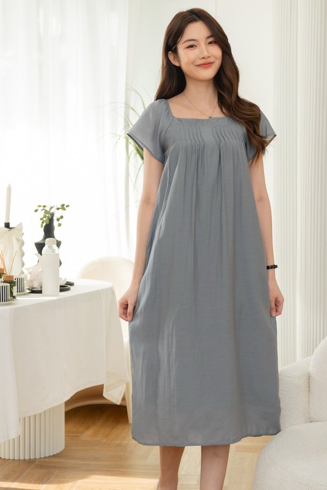 ACW Pintuck Panel Flowy Sash Midi Dress in Ash Blue