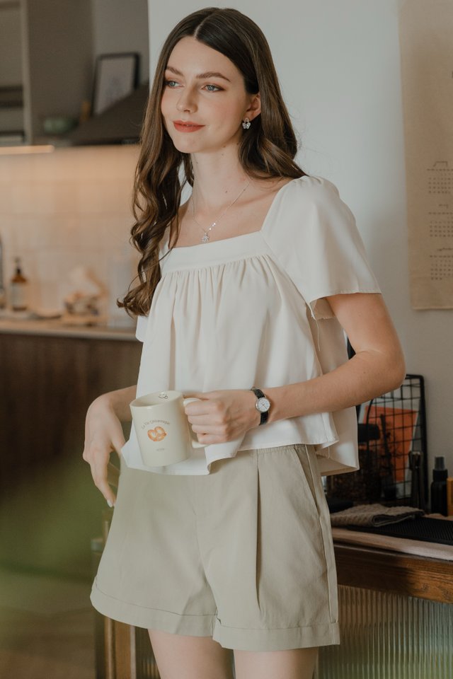 ACW Square Neck Flutter Sleeve Flowy Blouse in Ivory