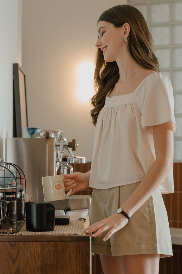 ACW Square Neck Flutter Sleeve Flowy Blouse in Ivory