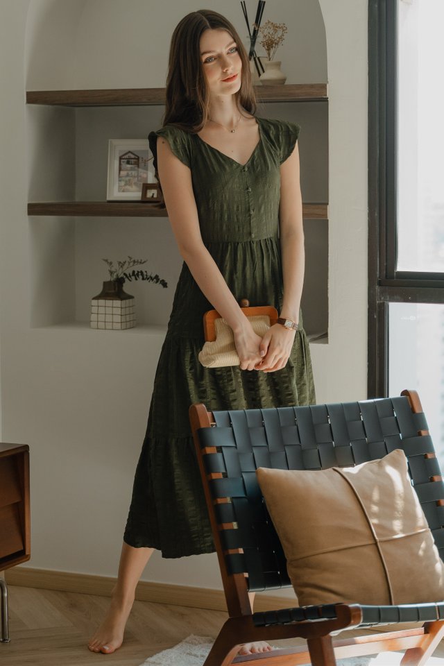 *Preorder* ACW Flutter Sleeve Faux Button Midi Swing Dress in Olive
