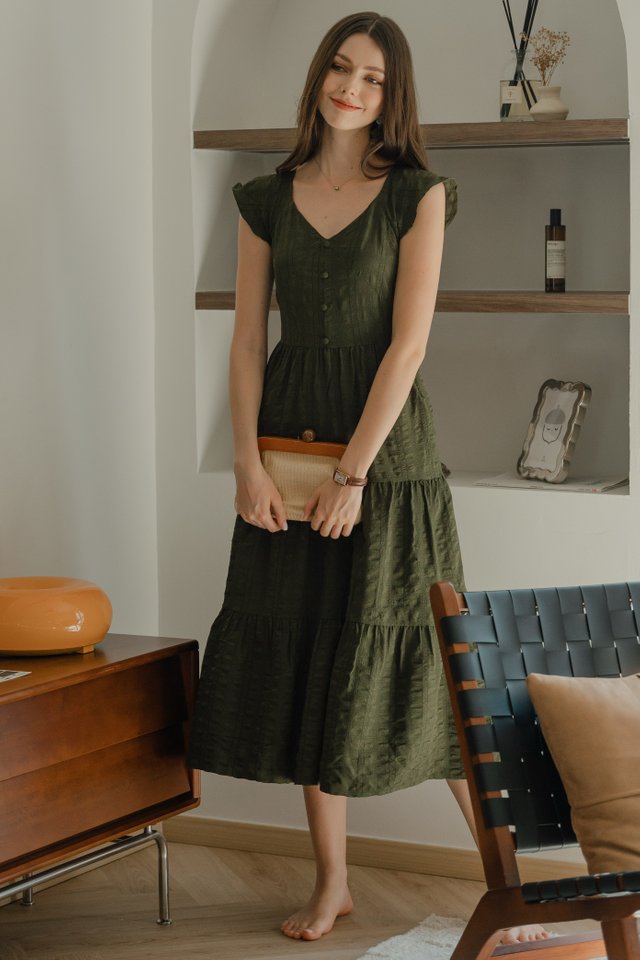 *Preorder* ACW Flutter Sleeve Faux Button Midi Swing Dress in Olive