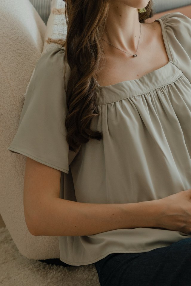 ACW Square Neck Flutter Sleeve Flowy Blouse in Seafoam