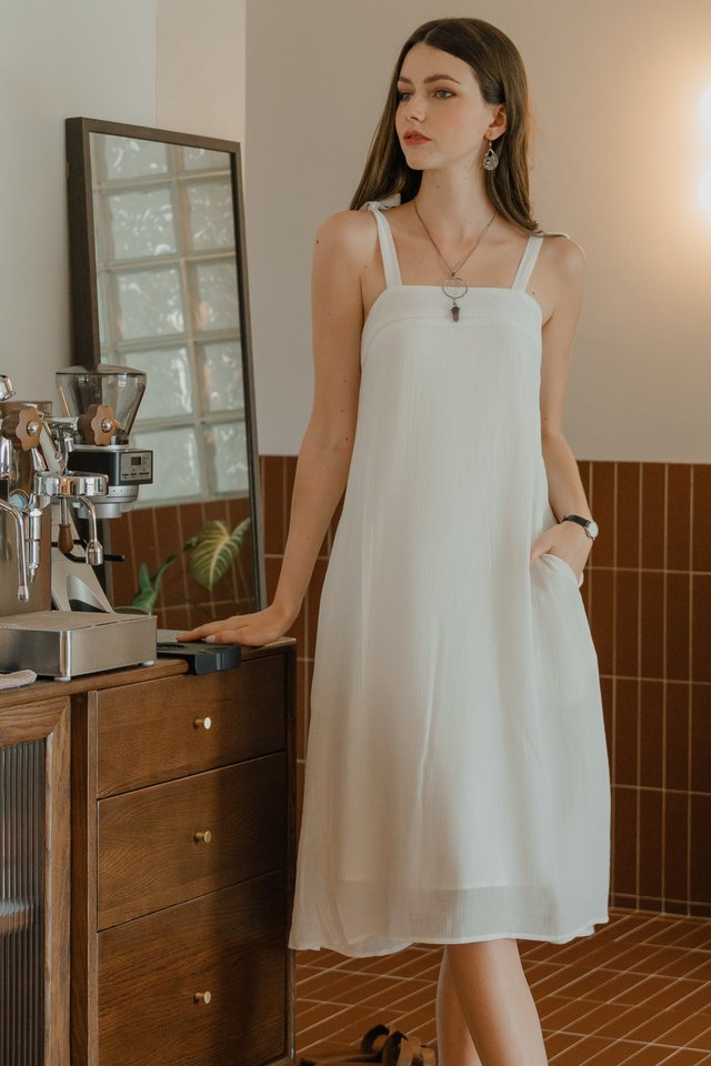 *BACK IN STOCK* ACW Tie Straps Textured Midi Dress in White