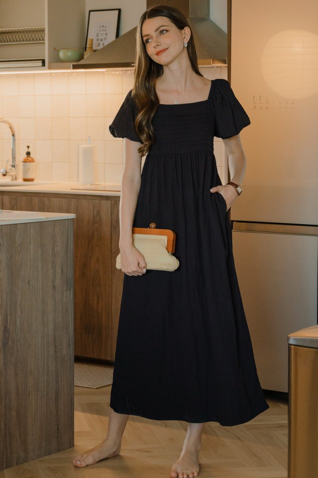 *Preorder* ACW Tiered Panels Puff Sleeve Midi Dress in Navy