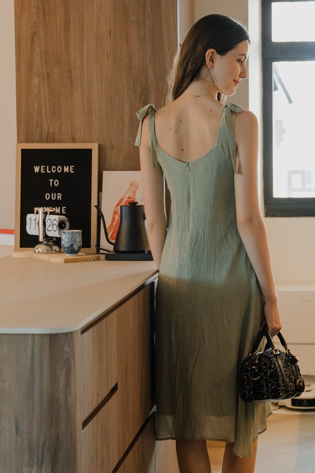 *BACK IN STOCK* ACW Tie Straps Textured Midi Dress in Dark Moss