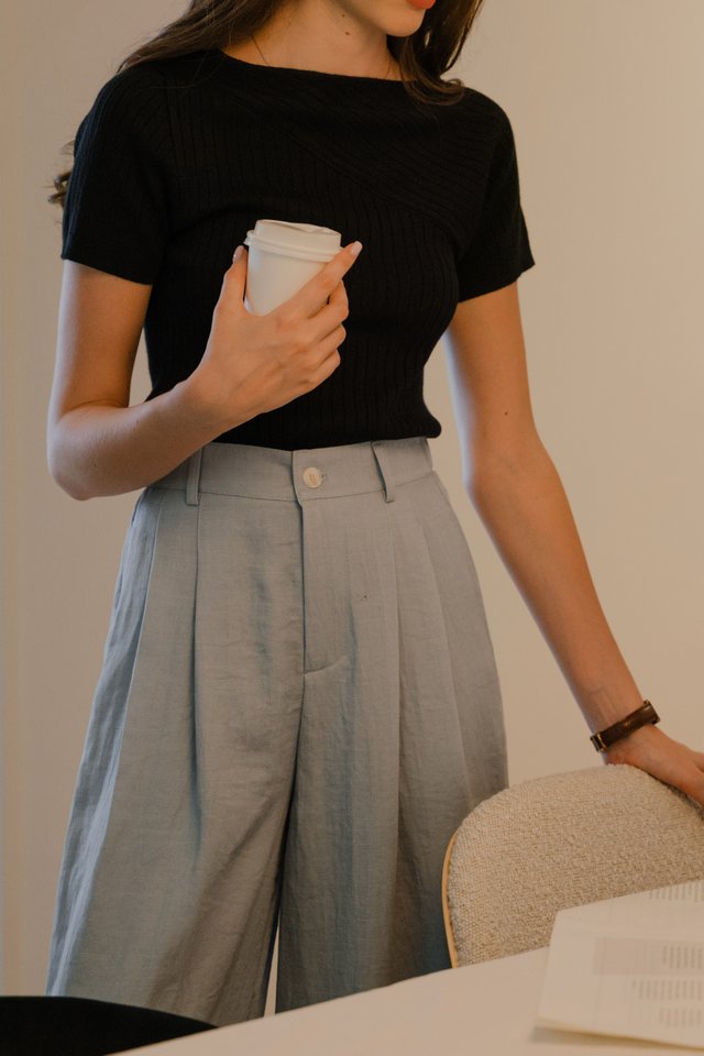Elastic High Waisted Flare Trousers in Denim Sky Blue