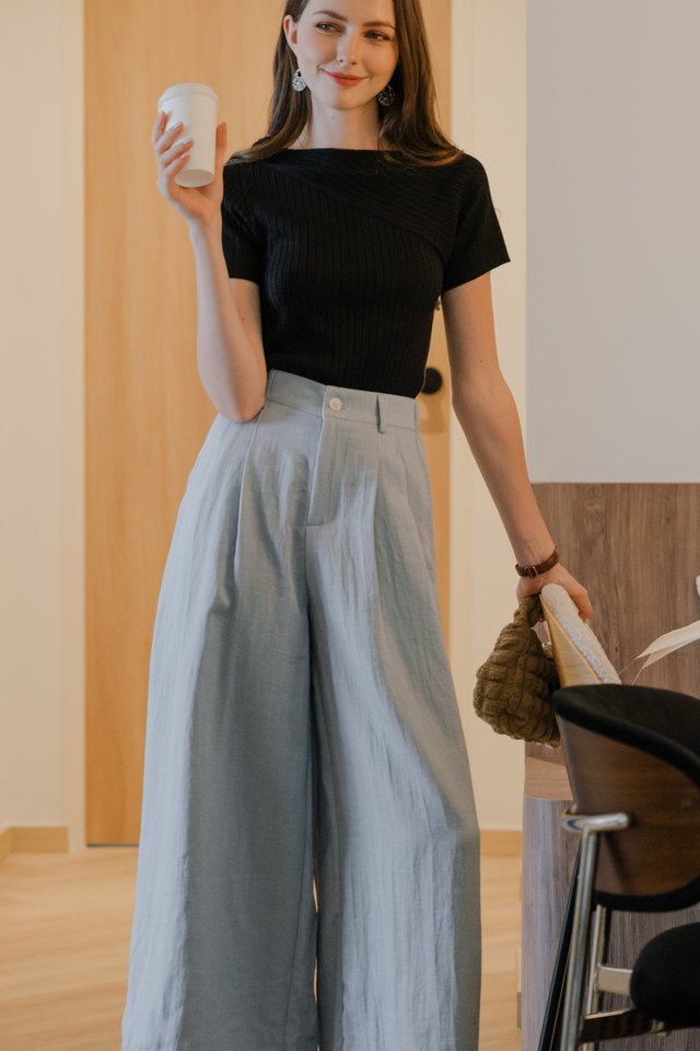 Elastic High Waisted Flare Trousers in Denim Sky Blue