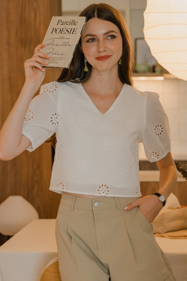 *Preorder* ACW Eyelet Mid Sleeve Blouse in White