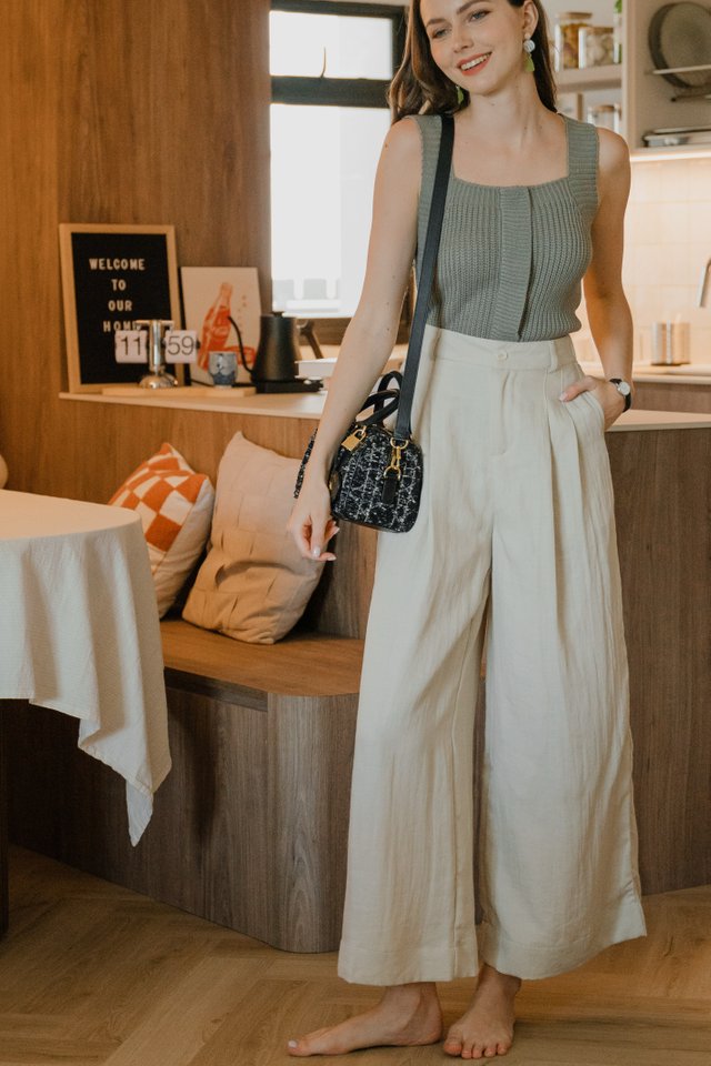 Elastic High Waisted Flare Trousers in Ivory