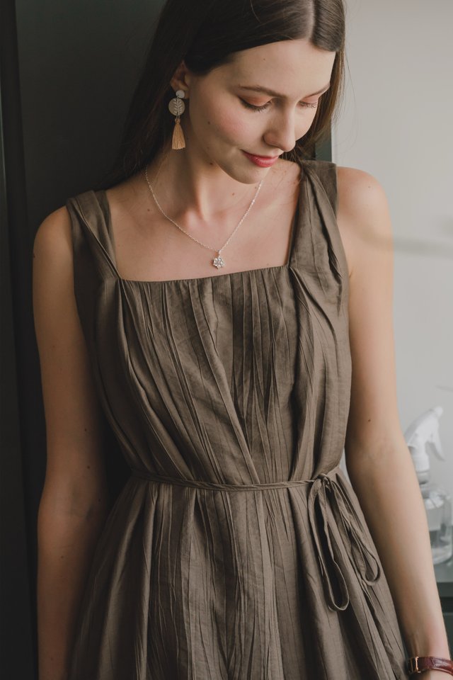 *BACK IN STOCK* ACW Twisted Asymmetrical Straps Sash Midi Dress in Deep Olive