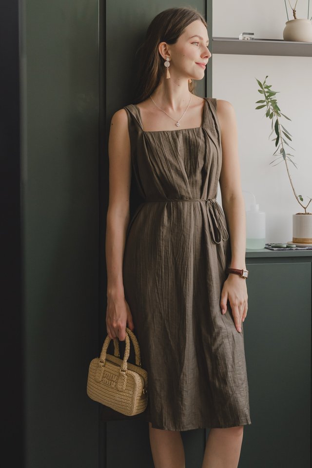 *BACK IN STOCK* ACW Twisted Asymmetrical Straps Sash Midi Dress in Deep Olive