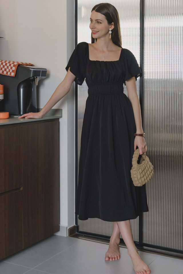 *Preorder* ACW Duo Elastic Waist Ruched Midi Dress in Black