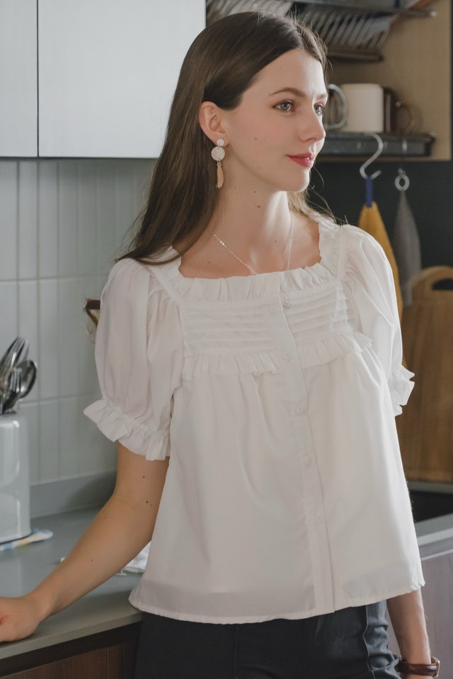 *Preorder* ACW Button Down Puff Sleeve Textured Blouse in White