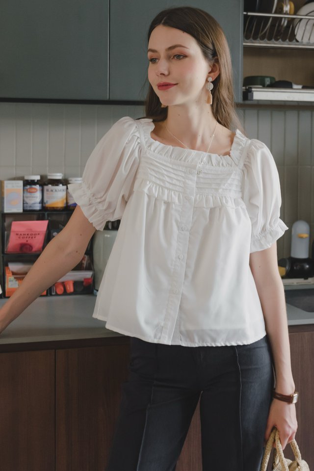 *Preorder* ACW Button Down Puff Sleeve Textured Blouse in White