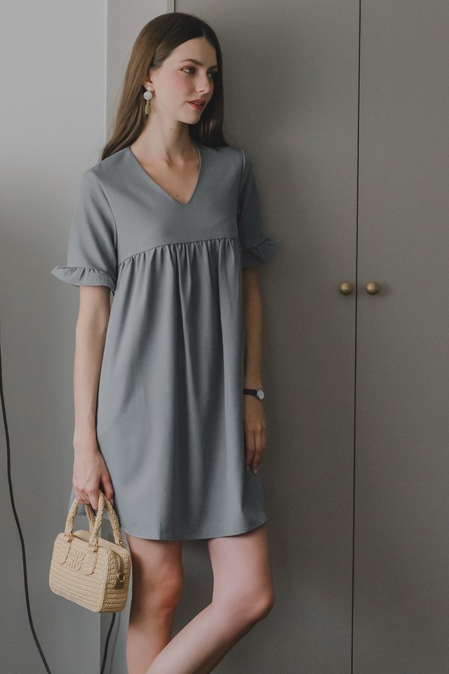 ACW Frilly Sleeve Pocket Babydoll Dress in Blue-Grey