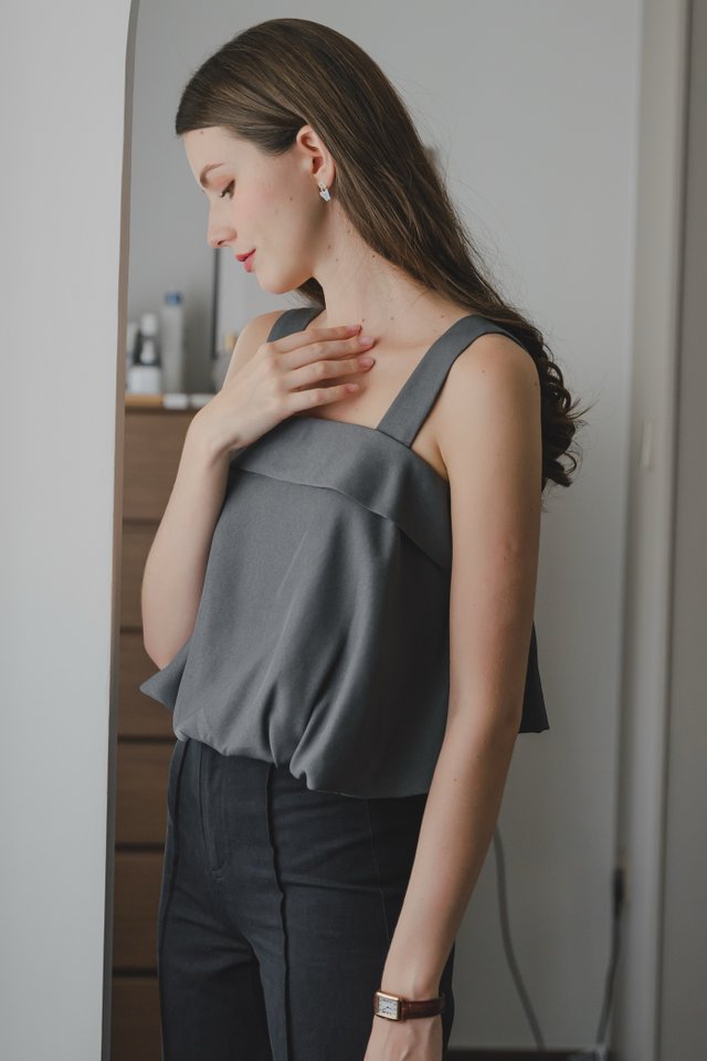 ACW Puffy Hem Thick Strap Top in Dark Grey