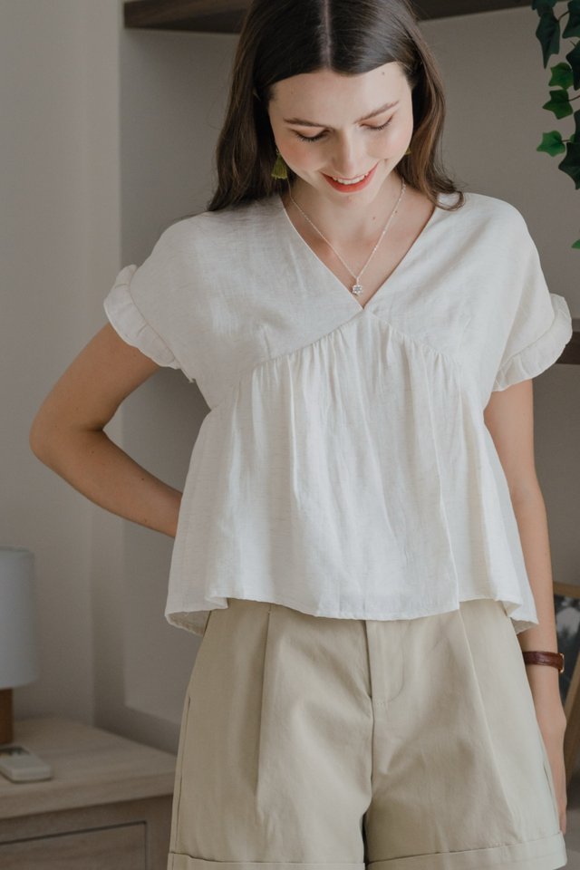ACW V Neck Textured Frill Sleeve Babydoll Top in Ivory