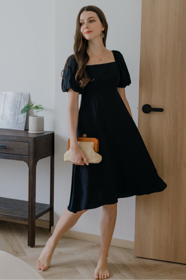 *Preorder* ACW Balloon Sleeve Square Neck Midi Swing Dress in Black