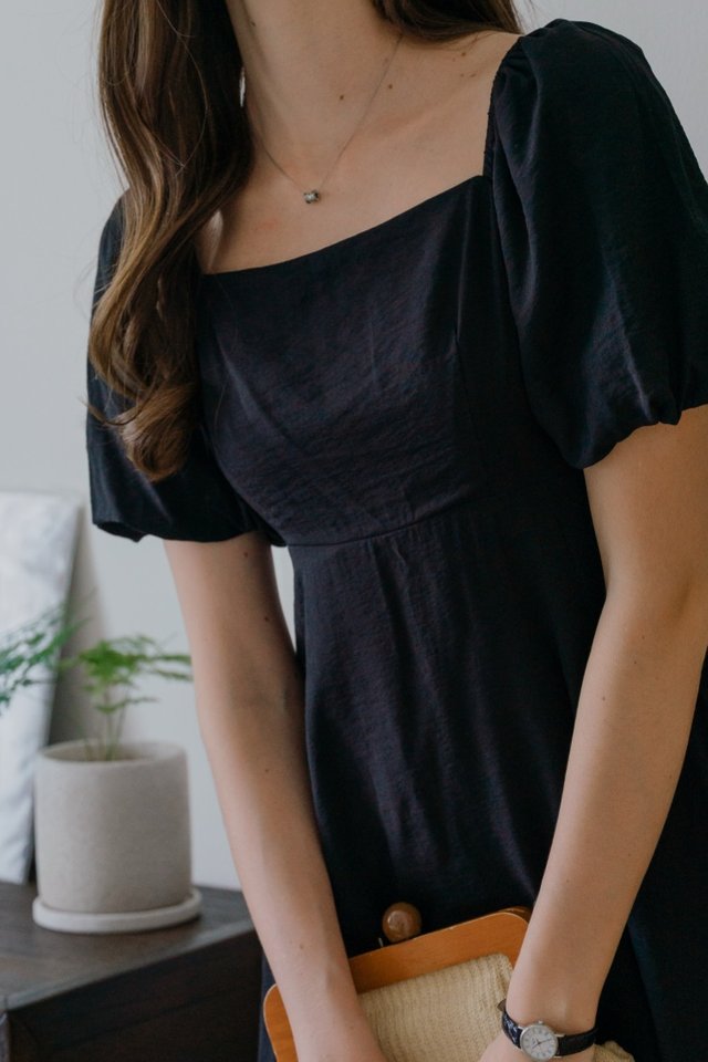 *Preorder* ACW Balloon Sleeve Square Neck Midi Swing Dress in Black