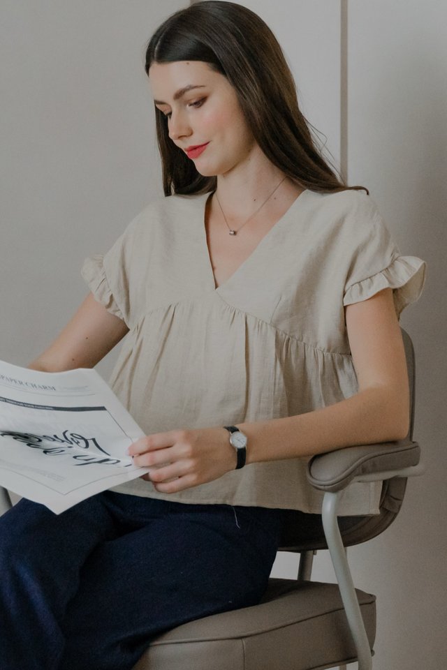 ACW V Neck Textured Frill Sleeve Babydoll Top in Sand
