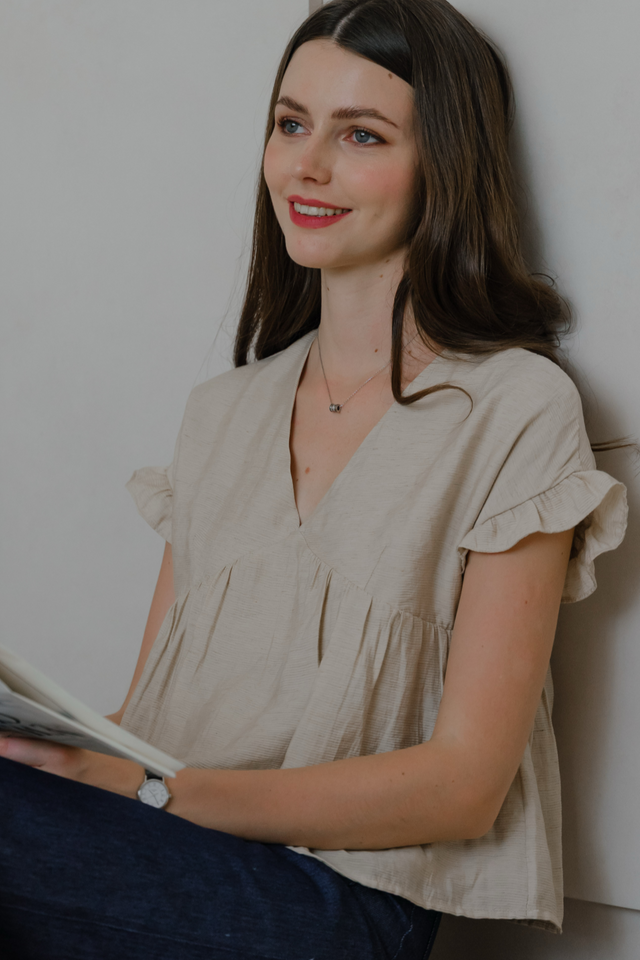 ACW V Neck Textured Frill Sleeve Babydoll Top in Sand