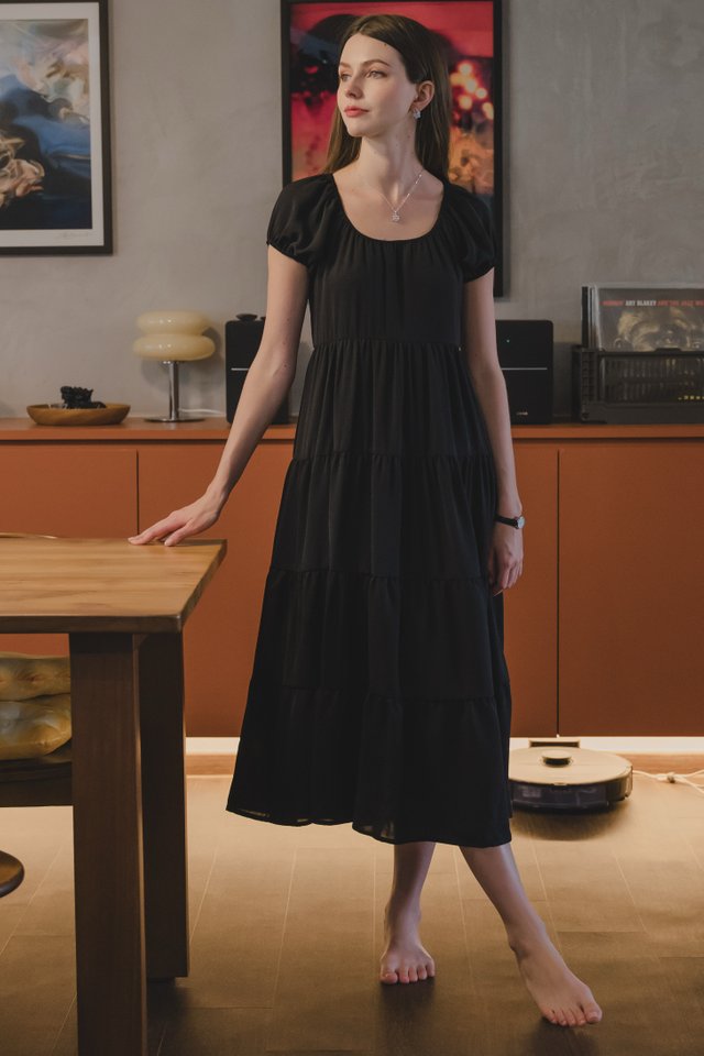 *Preorder* ACW U Neck Elastic Tiered Midi Dress in Black