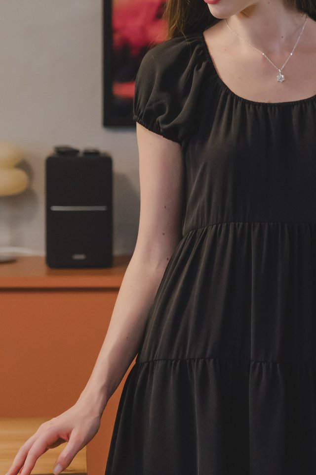 *Preorder* ACW U Neck Elastic Tiered Midi Dress in Black