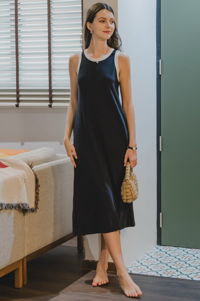*Preorder* ACW Contrast Piping Knit Midi Dress in Black
