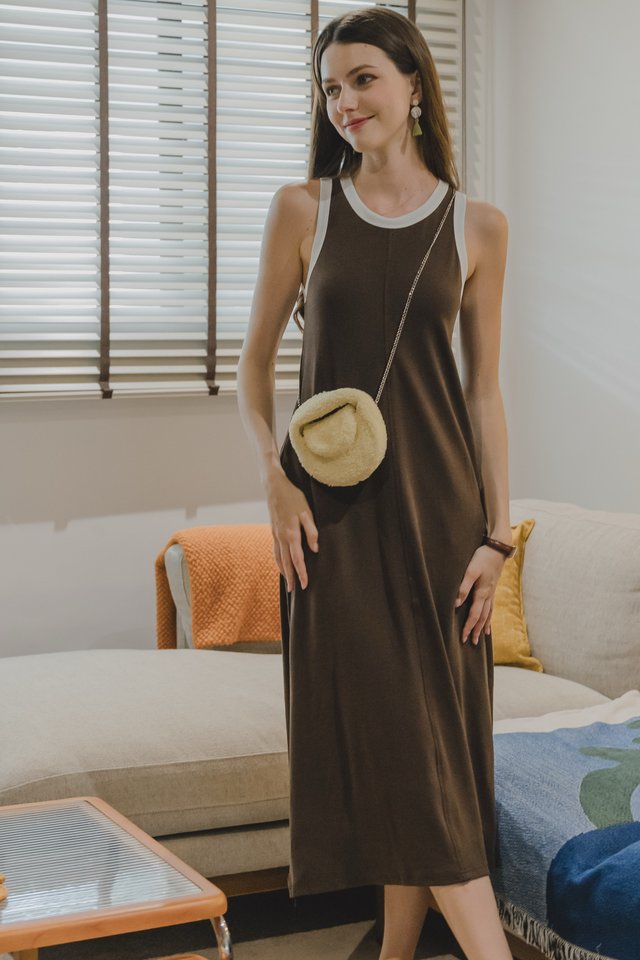 *Preorder* ACW Contrast Piping Knit Midi Dress in Cocoa