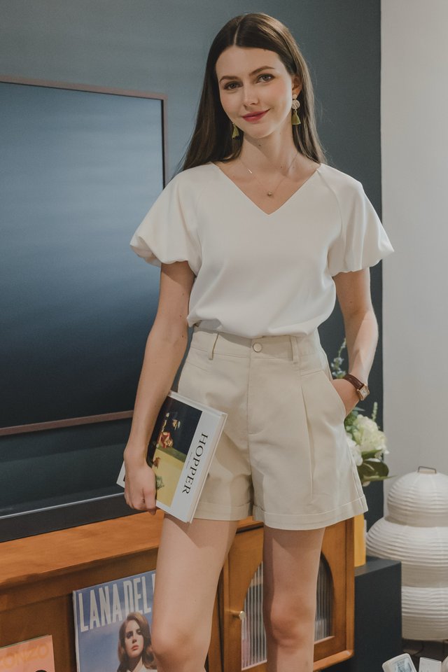 Structured Cut High Waisted Shorts in Ivory