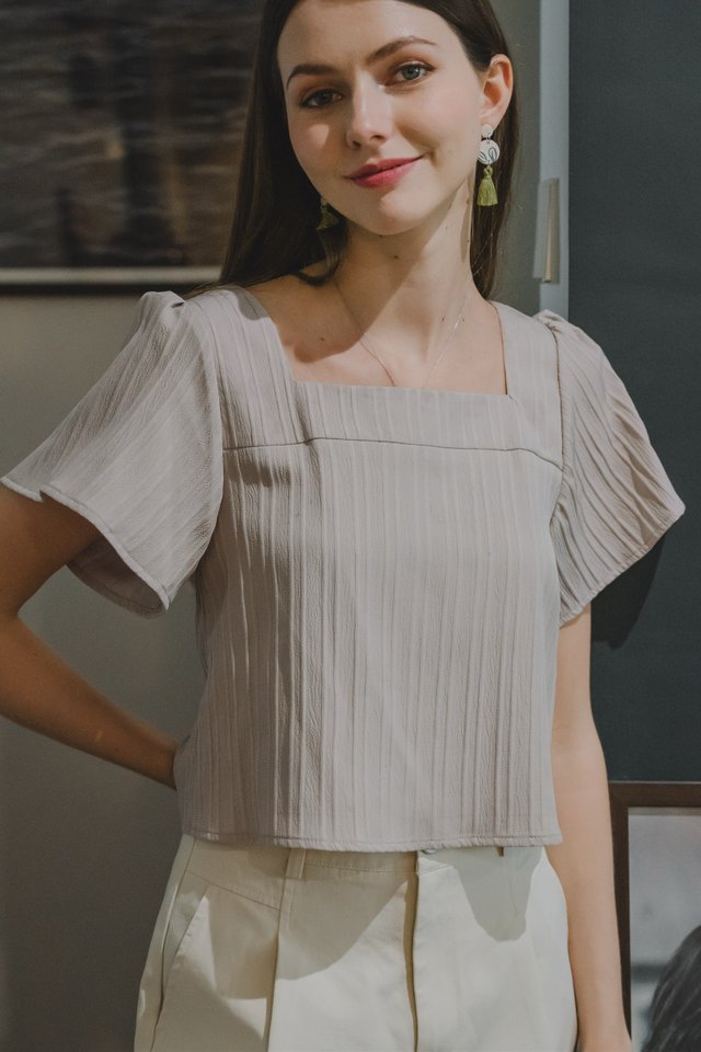 *Preorder* ACW Textured Square Neck Flutter Sleeve Blouse in Grey