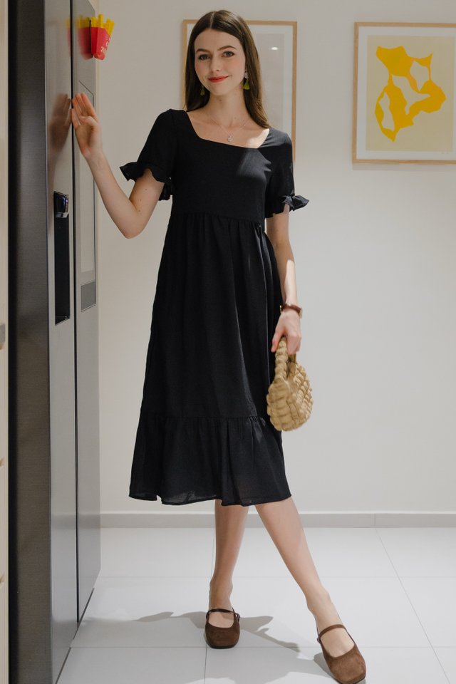 *Preorder* ACW Square Neck Flutter Sleeve Drop Hem Midi Dress in Black