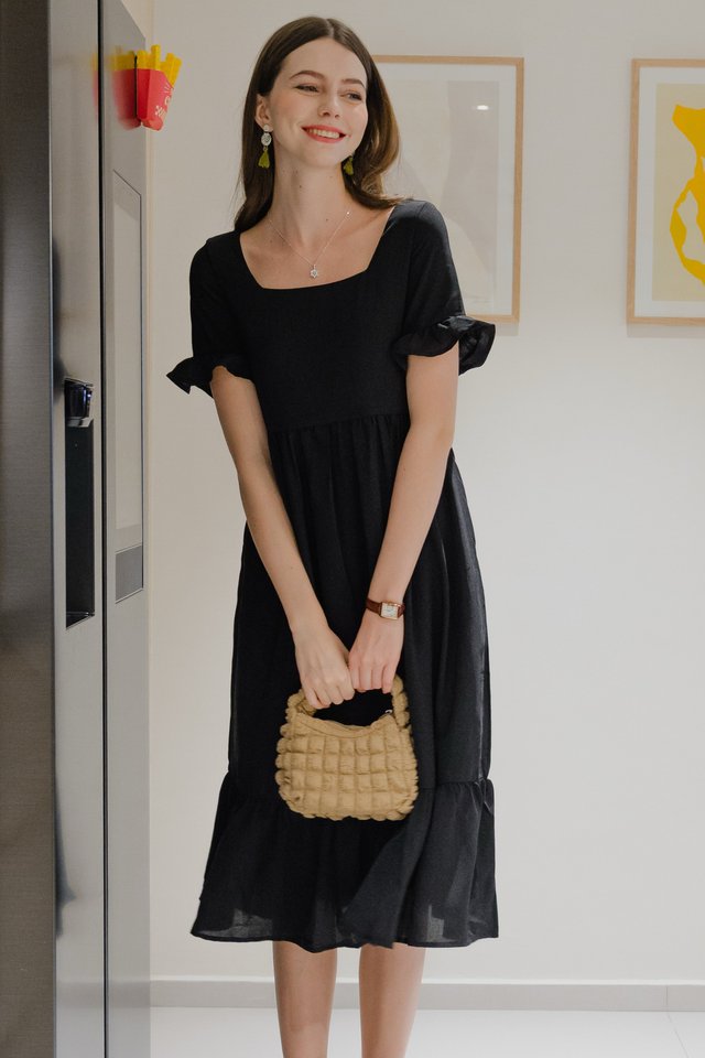 *Preorder* ACW Square Neck Flutter Sleeve Drop Hem Midi Dress in Black