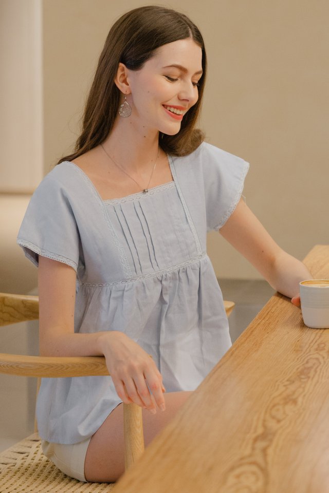 *Preorder* ACW Eyelet Trim Square Neck Sleeve Babydoll Top in Powder Blue