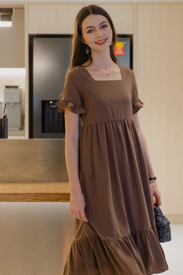 *Preorder* ACW Square Neck Flutter Sleeve Drop Hem Midi Dress in Cocoa Brown