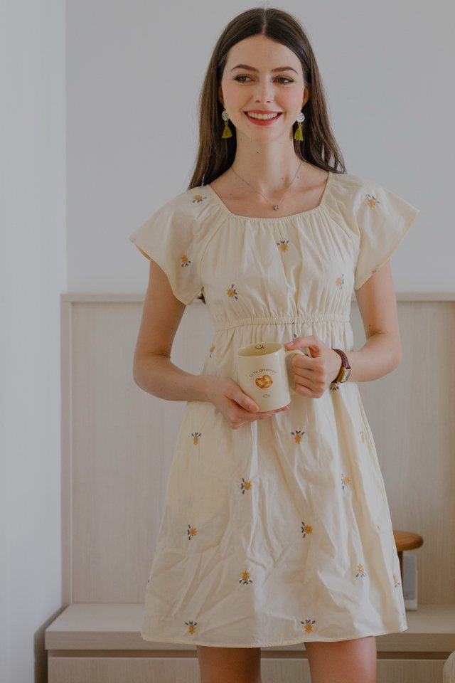 *Preorder* ACW Sunshine Embroidery Elastic Mini Dress in Cream