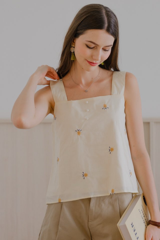 ACW Sunshine Embroidery Faux Button Top in Cream