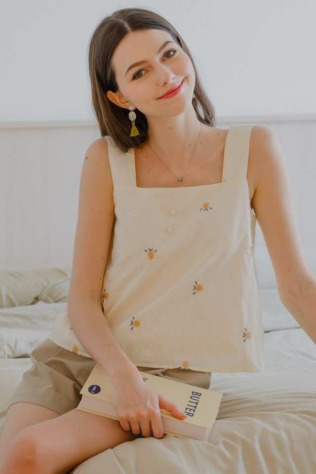 ACW Sunshine Embroidery Faux Button Top in Cream