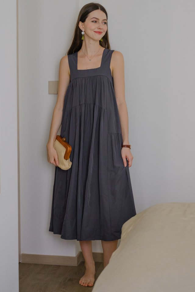ACW Thick Strap Asymmetrical Tiered Flowy Midi Dress in Deep Blue