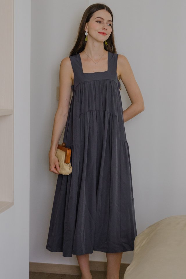 ACW Thick Strap Asymmetrical Tiered Flowy Midi Dress in Deep Blue