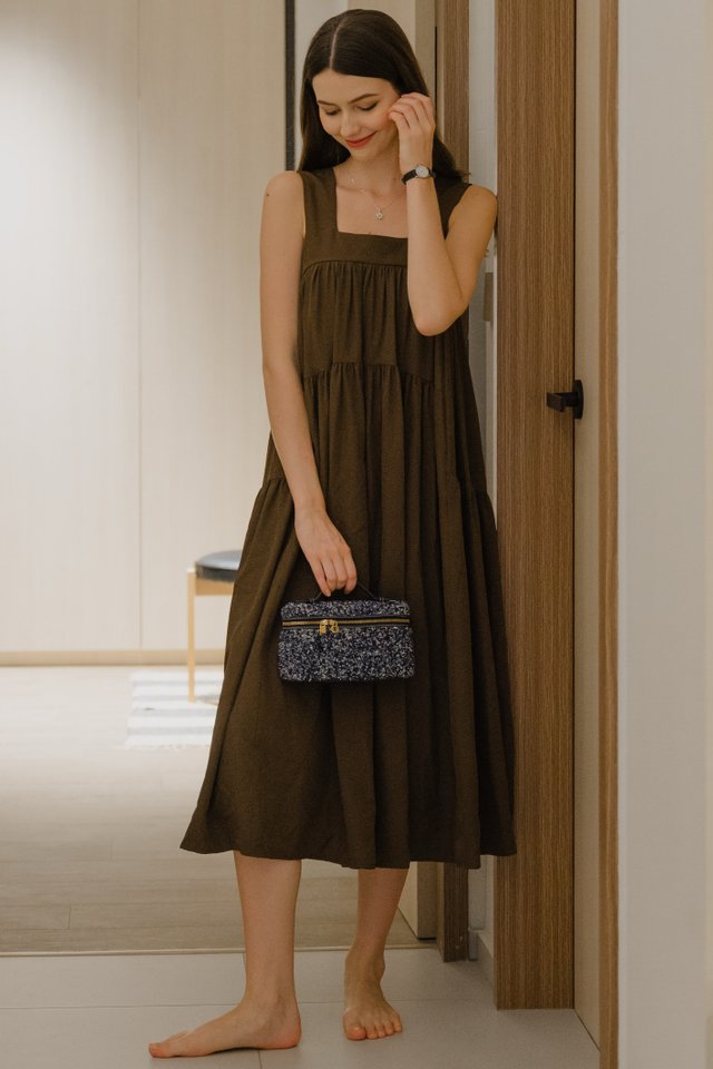ACW Thick Strap Asymmetrical Tiered Flowy Midi Dress in Cocoa Brown