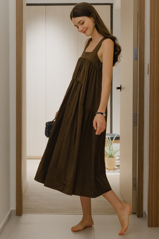 ACW Thick Strap Asymmetrical Tiered Flowy Midi Dress in Cocoa Brown