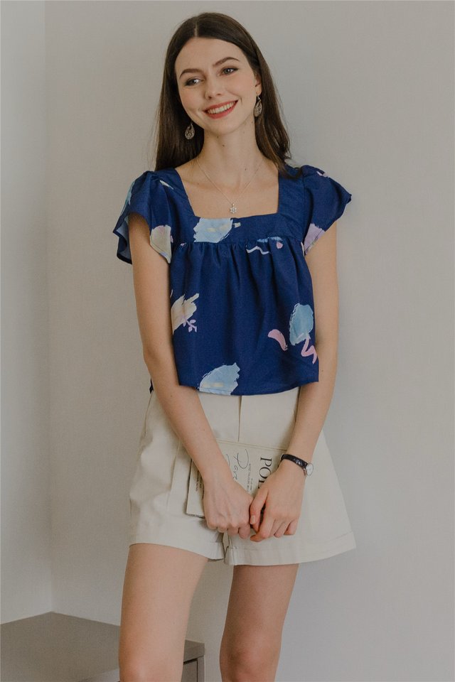 *Preorder* ACW Colours of Summer Square Neck Flutter Sleeve Blouse in Navy