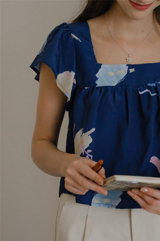 *Preorder* ACW Colours of Summer Square Neck Flutter Sleeve Blouse in Navy