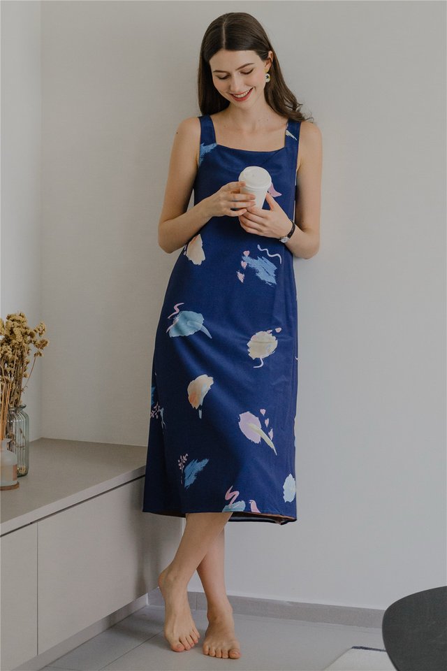 *Preorder* ACW Colours of Summer Two Way Reversible Midi Dress in Navy Prints-Cocoa Brown