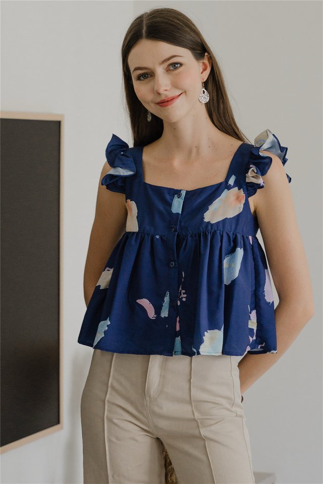 *Preorder* ACW Colours of Summer Button Down Frill Sleeve Blouse in Navy